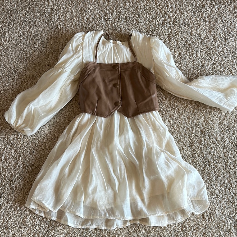 Cream Dress with Brown Vest Overlay